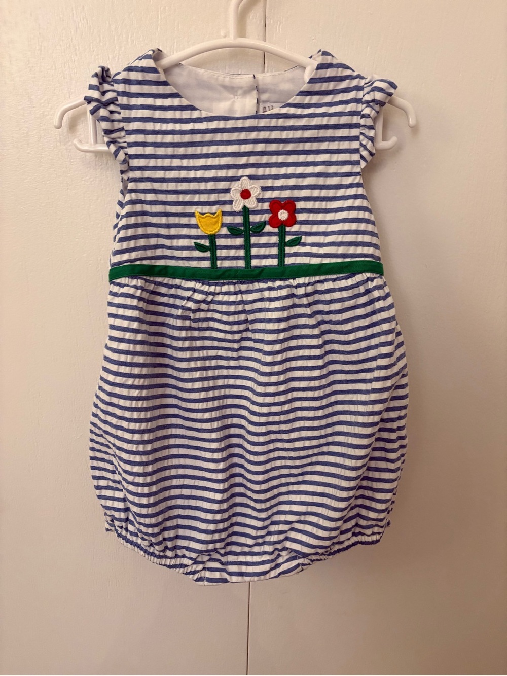 Florence Eiseman Blue & White Striped Dress with Floral Appliqués
